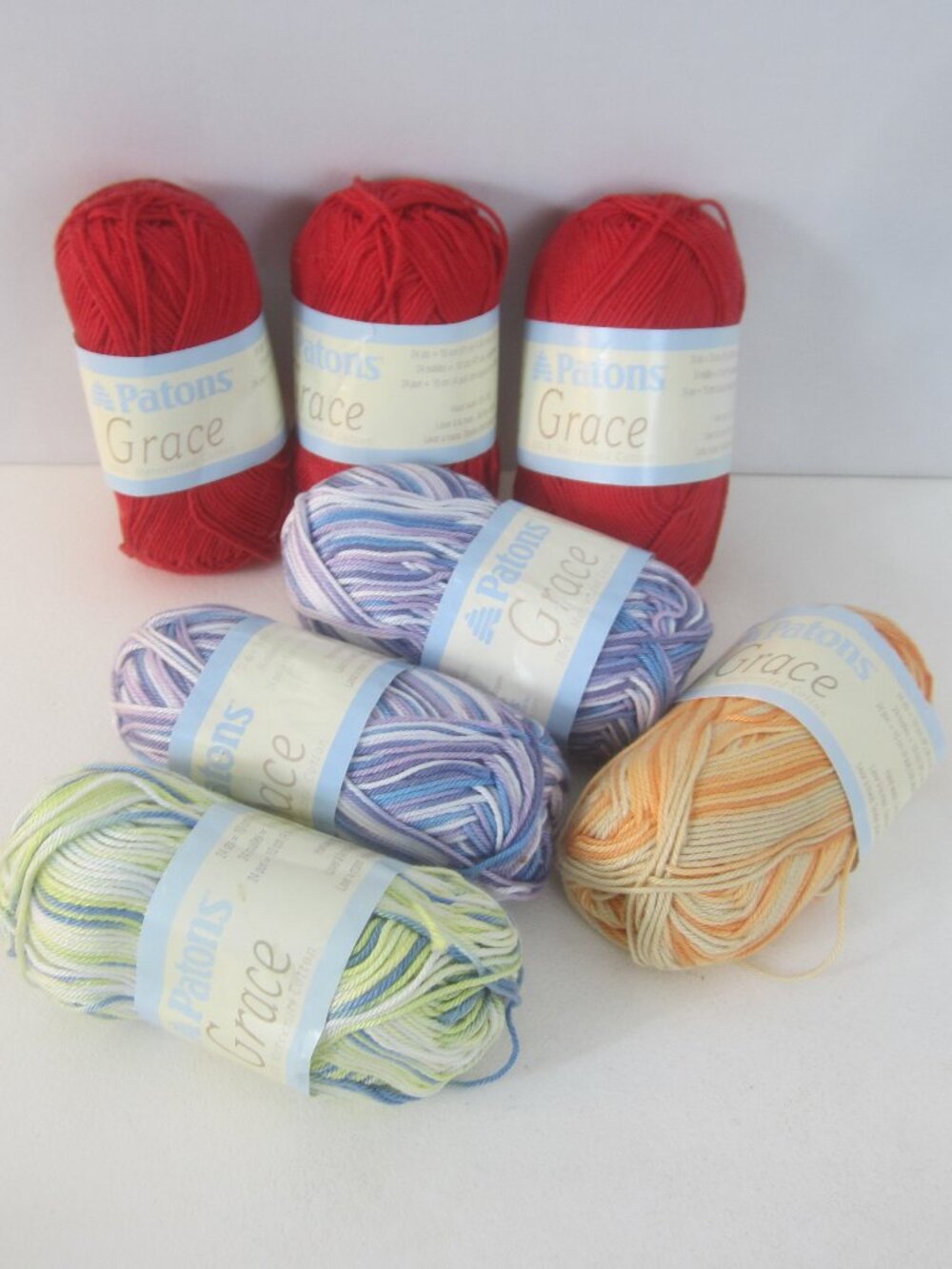 Mixed Lot 7 Skeins Patons Grace Cotton DK Yarn Red Lavender Orange Green